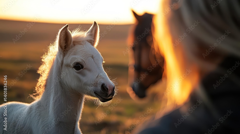 Poster close-up shot of a cute foal facing the camera in a sunlit field. the foal's white coat and expressi