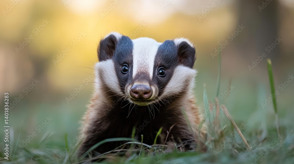 Aufkleber a badger in natural light. the badger has distinctive black and white facial markings. it lies in gr