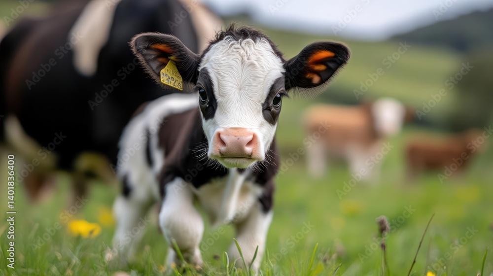 Poster close-up portrait of a curious black and white calf in a lush green field, showcasing its wet nose a