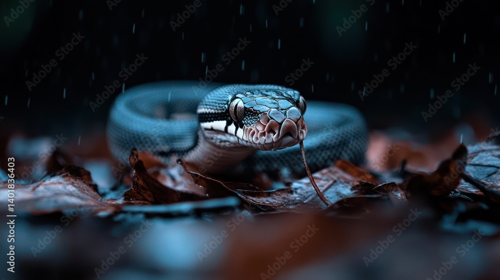 Poster close up image of a dark, coiled snake with its tongue out, resting on wet brown leaves under the ra