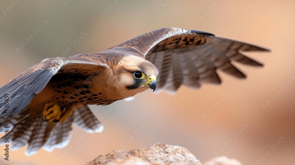 Poster dynamic close-up captures a brown falcon soaring over rugged terrain, wings spread wide, sharp eyes 