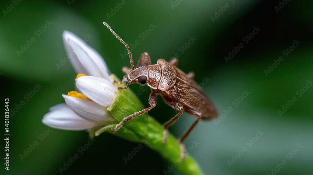 Aufkleber macro shot of a small brown beetle perched on a white flower with a green stem, set against a blurre