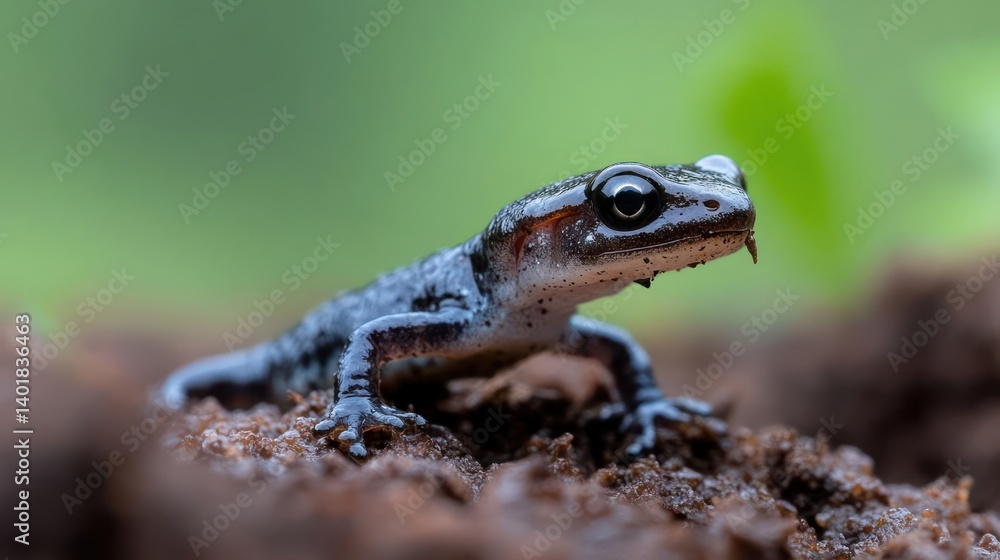 Poster detailed close-up featuring a smooth newt perched on brown soil. the newt, a small amphibian, is pro