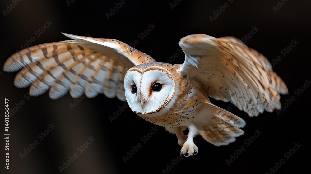Poster majestic barn owl soaring mid-flight against a dark, out-of-focus background. the owl's wings are fu