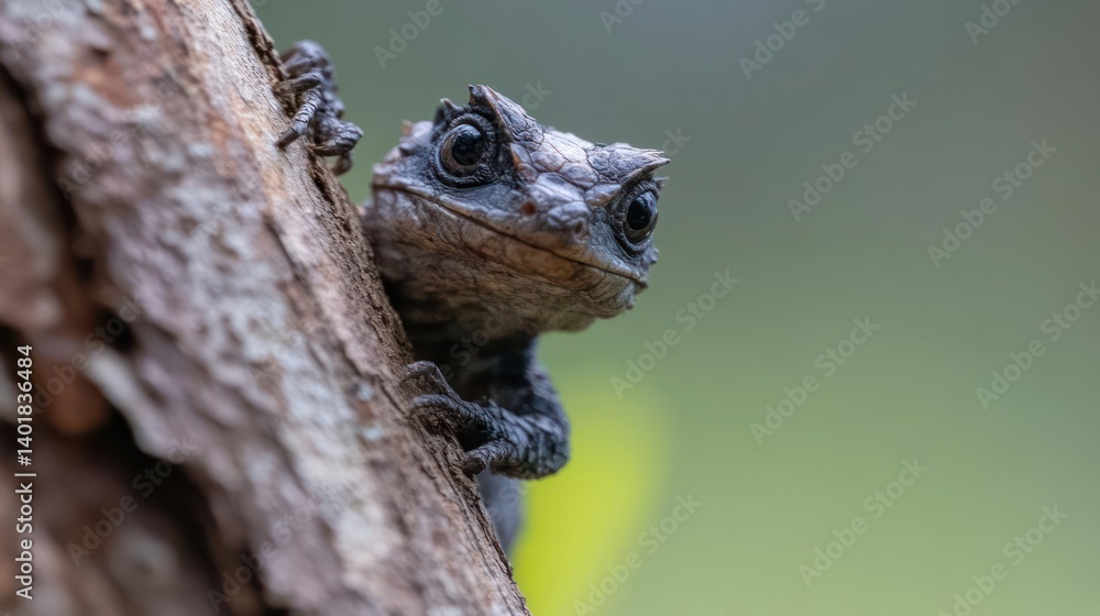 Poster close-up of a small, gray lizard clinging to a tree trunk with a blurred green background. the lizar