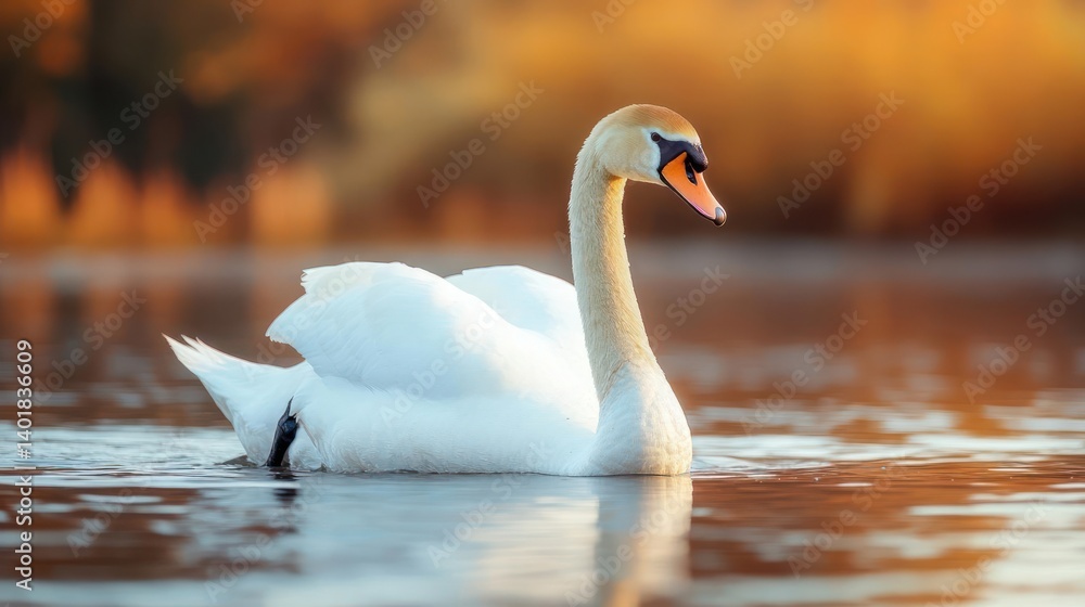 Poster A swan gracefully glides across calm waters, its feathers gleaming in the warm sunlight. The tranquil scene is set against a soft backdrop of trees with golden light