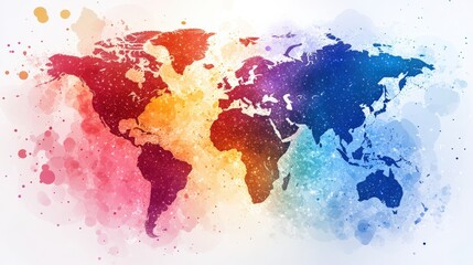 Naklejka premium Colorful watercolor world map with vibrant splashes, ideal for educational and decorative use