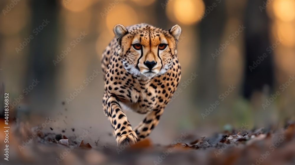 Poster A cheetah strides forward, kicking up dirt and leaves as it navigates a forest floor. The animal's focused gaze and powerful presence are highlighted by the soft bokeh of the trees in the background