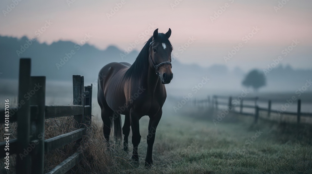 Poster a majestic brown horse stands near a weathered wooden fence in a misty field during twilight, the co