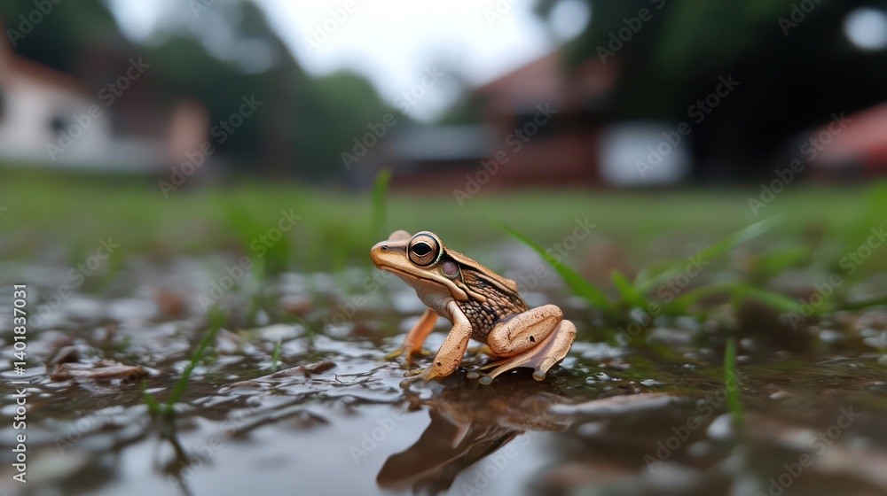 Poster a close-up shot captures a small brown frog perched on a waterlogged patch of grass, its reflection 