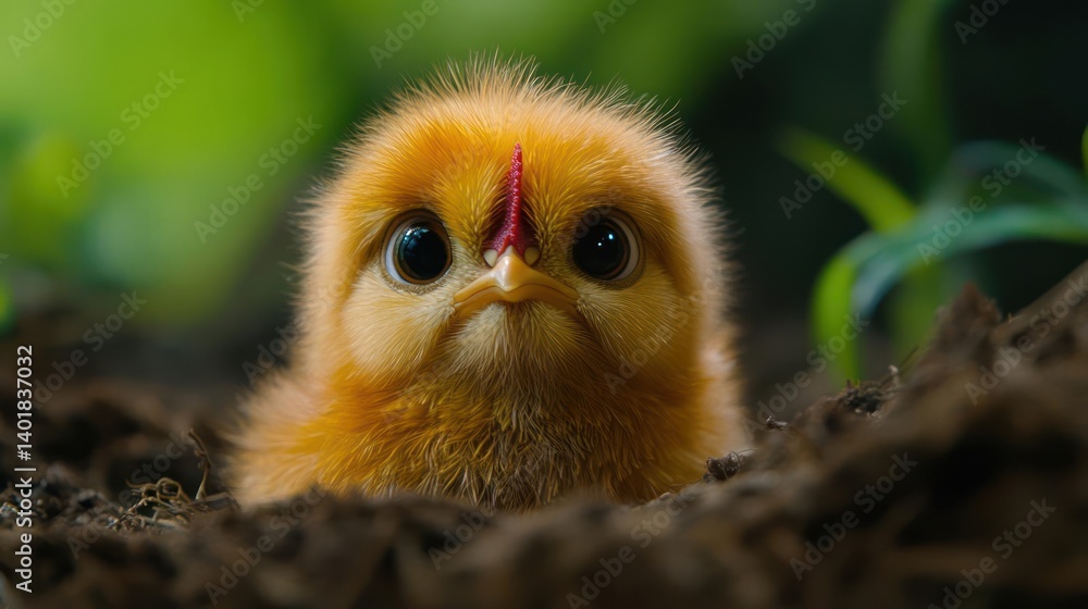 Poster Close-up shot of an adorable fluffy yellow chick nestled in soil, with a vibrant green blurred background creating a shallow depth of field, emphasizes the chick's charming expression and soft