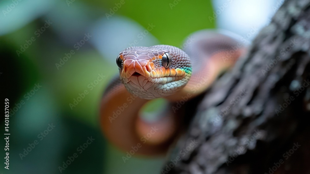 Poster Close up of a colorful snake coiled on a branch, facing directly at the camera with a shallow depth of field. Background consists of soft focused greenery and blurry bokeh. Macro shot, intense