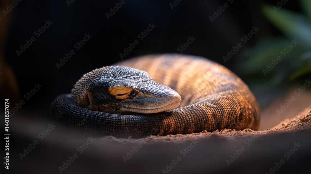 Poster close-up of a coiled black and gray lizard on sandy ground. the reptile is curled into a ball, showc