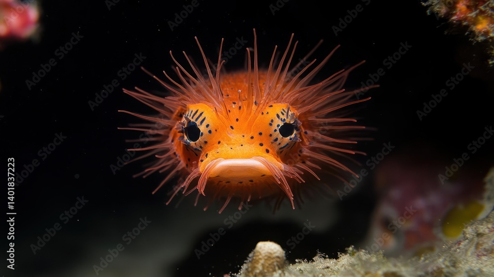 Poster a close-up shot captures a bright orange pufferfish with spiky texture and wide eyes, set against a 