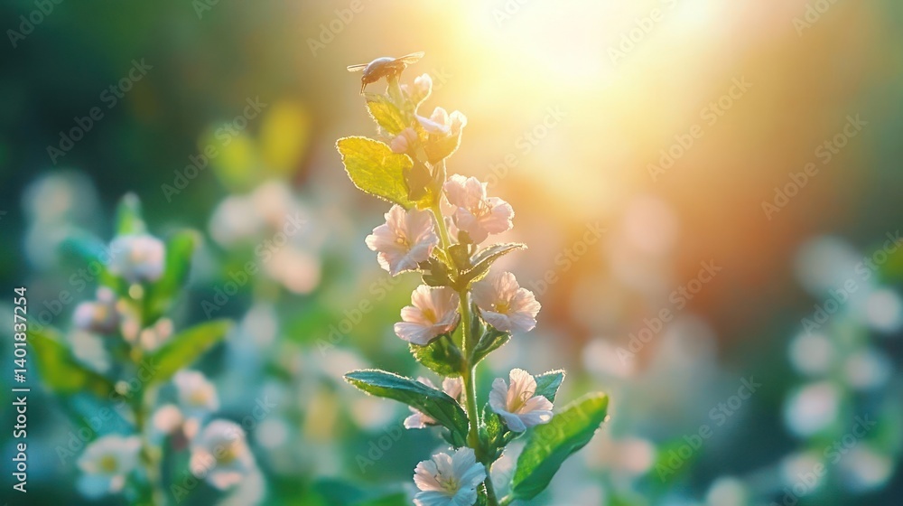 Poster close-up captures white flowering plant with green leaves and a small insect atop the blossoms, back