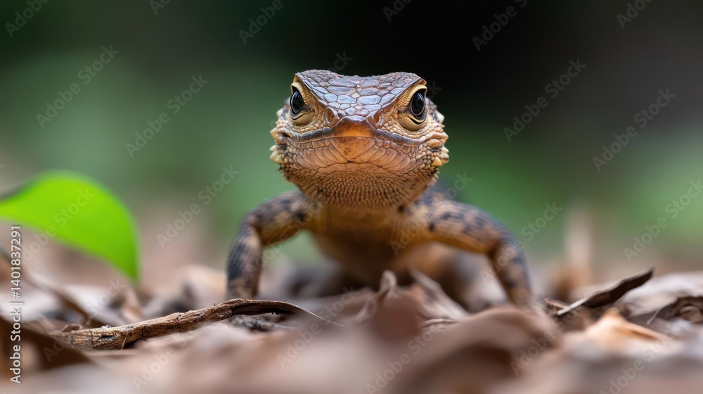 Poster a close-up shot portrays a small brown horned lizard with a textured head on fallen leaves, under so