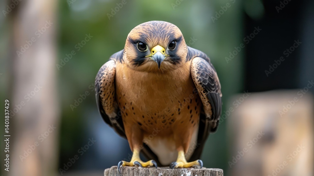 Poster close up of an orange and black bird of prey perched on a wooden post in a blurred green background.
