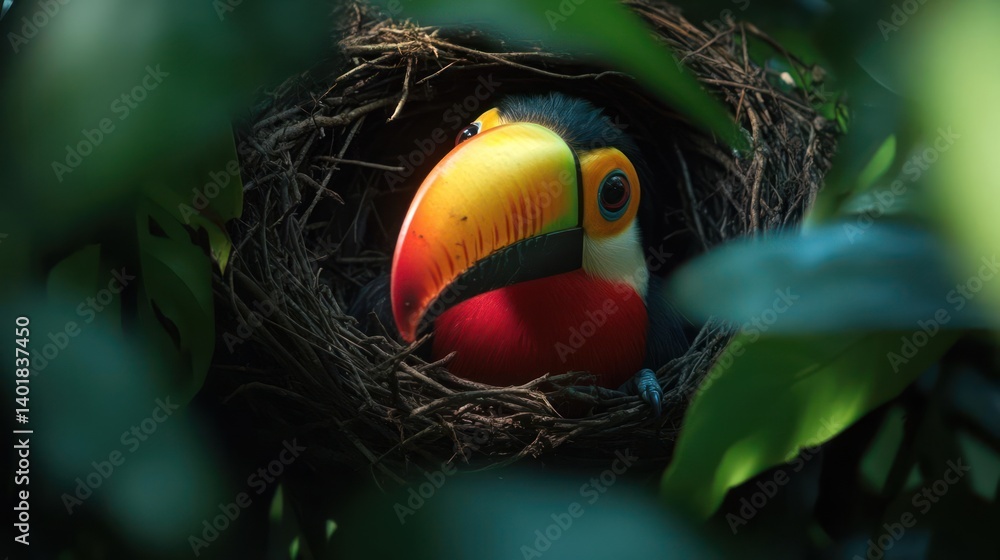 Poster captured at eye-level, a vibrant toucan sits nestled within a twiggy nest, surrounded by verdant lea