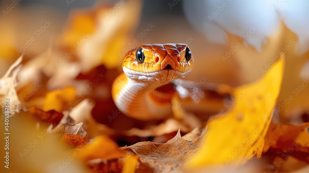 Poster close up of a copper colored snake with diamond head markings emerging from a bed of brown and yello