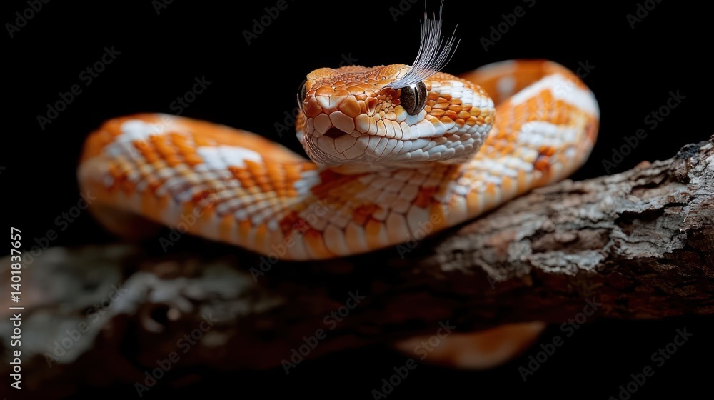 Poster a copper colored snake with white markings is coiled on a tree branch against a black backdrop, wate