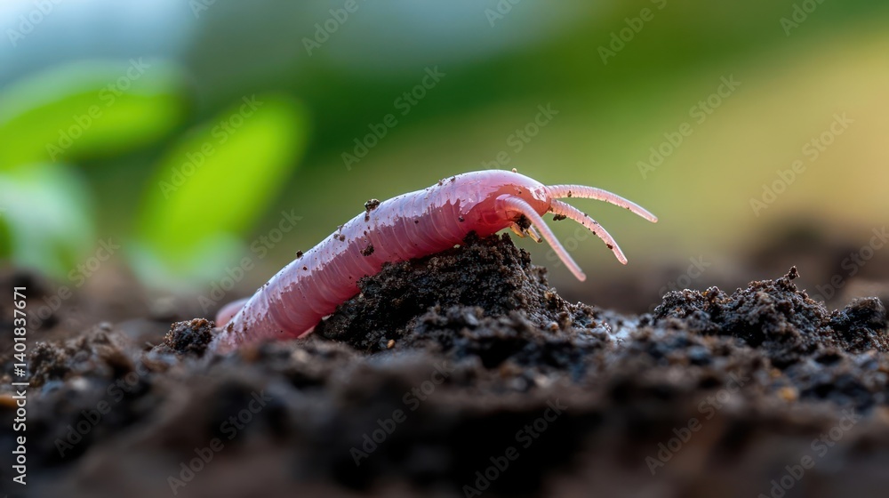 Poster Macro shot of a pink earthworm crawling on dark soil with a blurred green and yellow background. The worm is the main subject, focusing on its segmented body and the texture of the soil