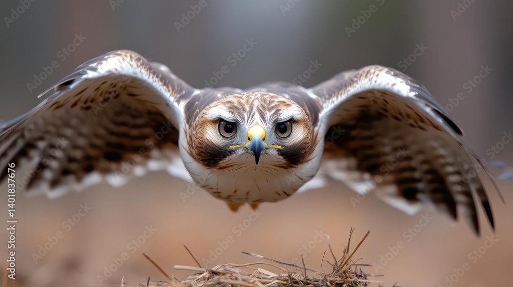 Poster majestic brown and white hawk in mid-flight, wings spread, against a blurred background of grasses a