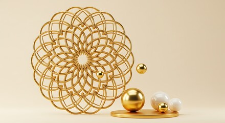 Obraz premium Opulent golden arabesque design with reflective spheres on a minimalist backdrop