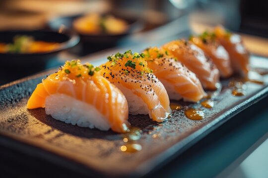 Traditional edomae sushi served on handcrafted pottery with subtle wasabi and ginger accompaniments, illuminated by moody lighting to enhance the elegance of this gourmet dish.