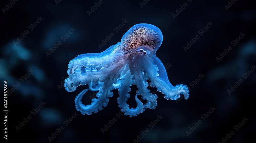 Poster a captivating close-up of a small, intricate blue and purple octopus against a dark background. its 