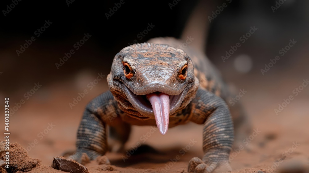 Poster close-up shot of a reptile standing on the ground, its tongue sticking out. the reptile features a m
