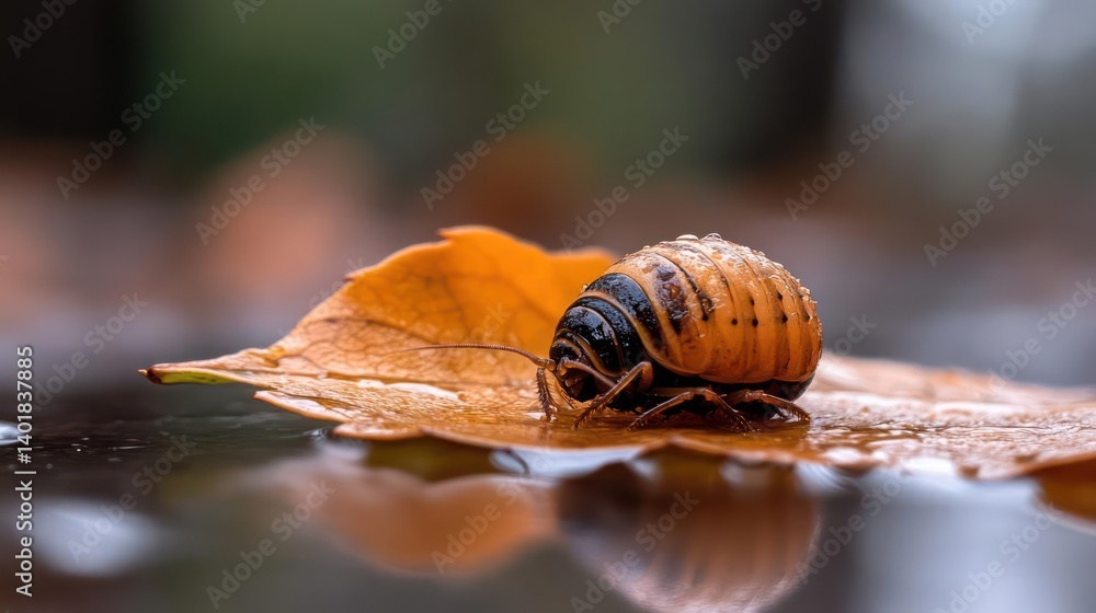 Poster a closeup shot depicts a pill bug nestled on a crisp, vibrant orange leaf with a soft bokeh backgrou