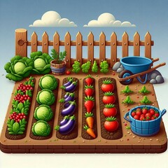Naklejka premium Cartoon garden with fruits and vegetables. Illustration of garden with fresh fruits and vegetables.