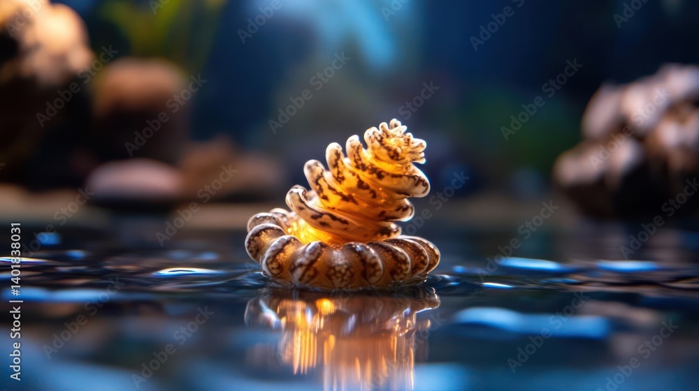 Poster captured under soft lighting, a brown and orange coral is nestled in a shallow body of water. its in