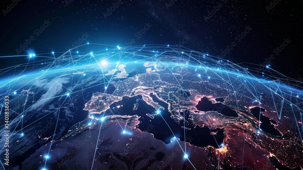 Fototapete planet with a network of lines connecting it to other planets. connections system and global datas e
