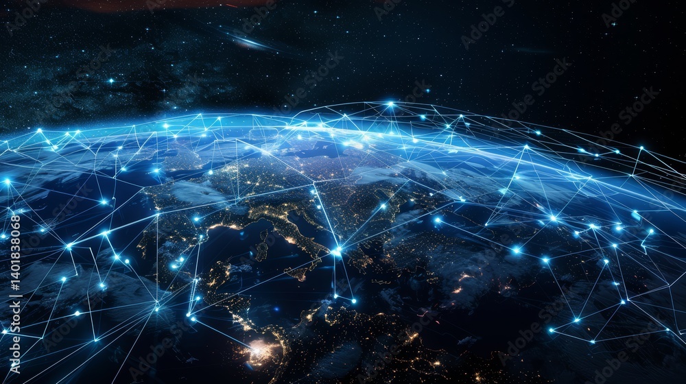 Fototapete planet with a network of lines connecting it to other planets. connections system and global datas e