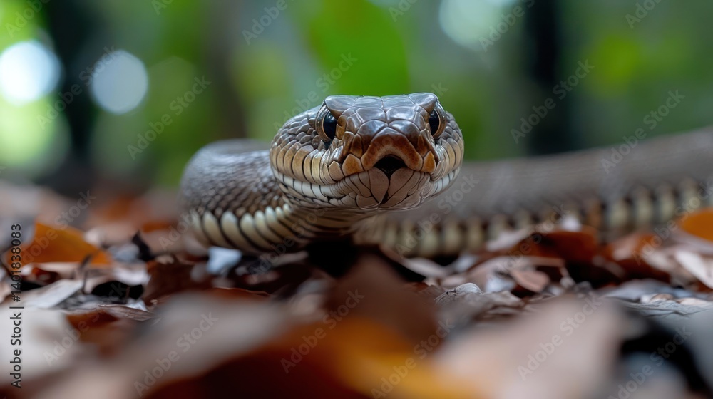 Poster close-up shot of a snake on dry leaves against blurred green foliage. the snake's detailed scales an