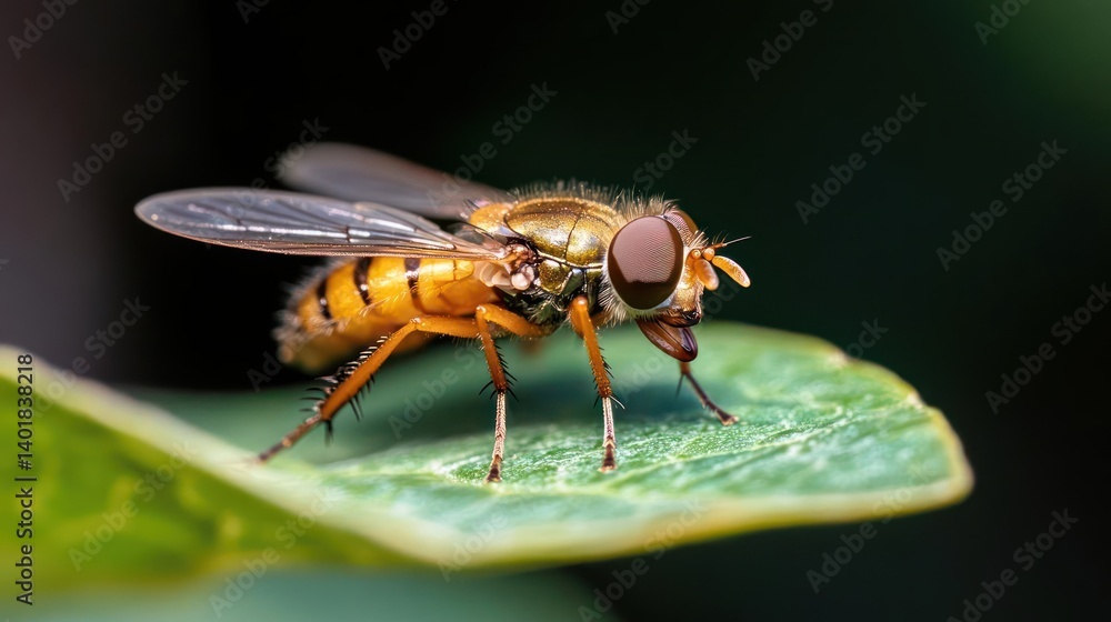Poster a detailed macro shot captures a hoverfly resting on a vibrant green leaf. the fly's orange and blac