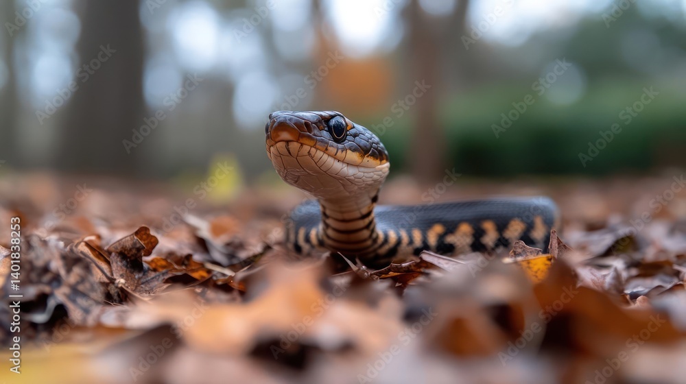 Poster a black and tan snake rises from a pile of fallen leaves. shot at eye level, the serpent gazes upwar
