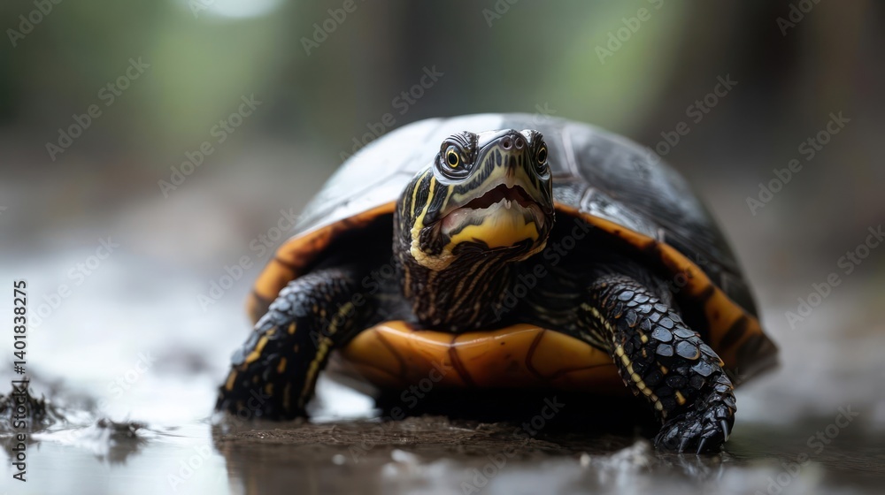 Poster close up shot of a semi aquatic turtle in shallow water with distinctive yellow markings on its head