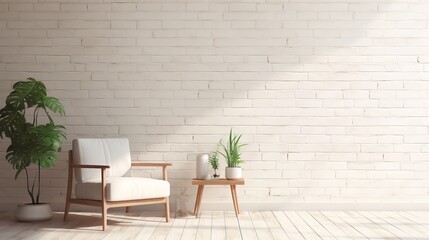 Scandinavian Minimalist Living Room Background | White Brick Wall Texture | Cozy Chair with Plants | Modern Interior Design Scene | Clean Home Decor Backdrop for Mockups & Presentations