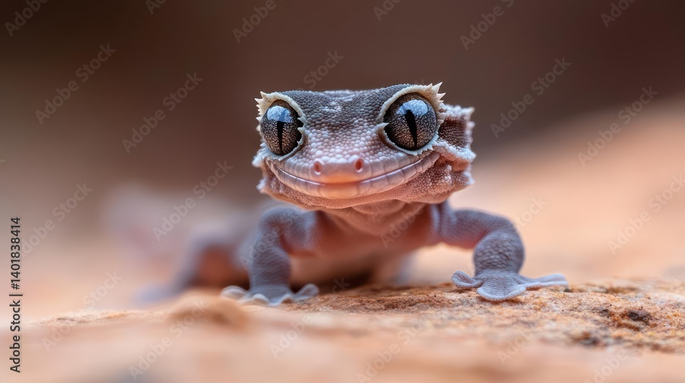 Poster Close-up shot of a gecko with distinctive eyelashes, facing the camera on a textured surface with blurred background. Features speckled skin and wide, shiny eyes. Soft, natural lighting emphasizes