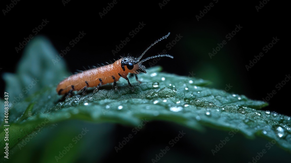 Aufkleber macro shot of an orange larva on a green leaf covered in water droplets against a dark background. t