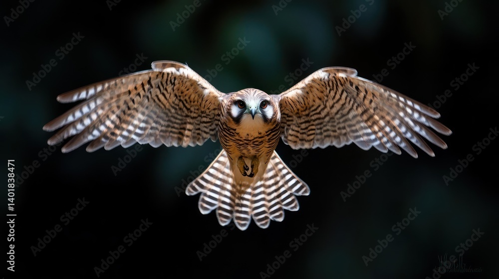 Poster A striking close-up of a nankeen kestrel in mid-flight, showcasing its patterned plumage and intense gaze against a softly blurred background. The bird's wings are fully extended, creating a dynamic