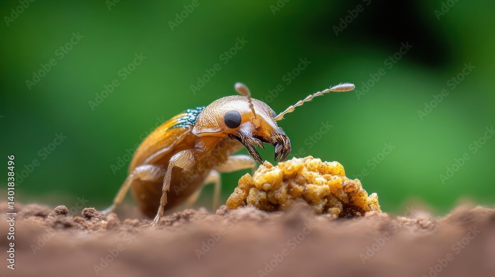 Poster macro shot captures a small beetle with a golden-brown shell and dark mouthparts, feeding on a pile 