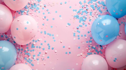 Celebrate, balloons and confetti background with copy space for festive gender reveal party, decor, balloon, birthday, fun, holiday, surprise, festive, happy