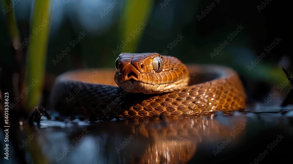 Poster close-up shot of a brown snake coiled in water with reflections. the snake's head is prominently fea