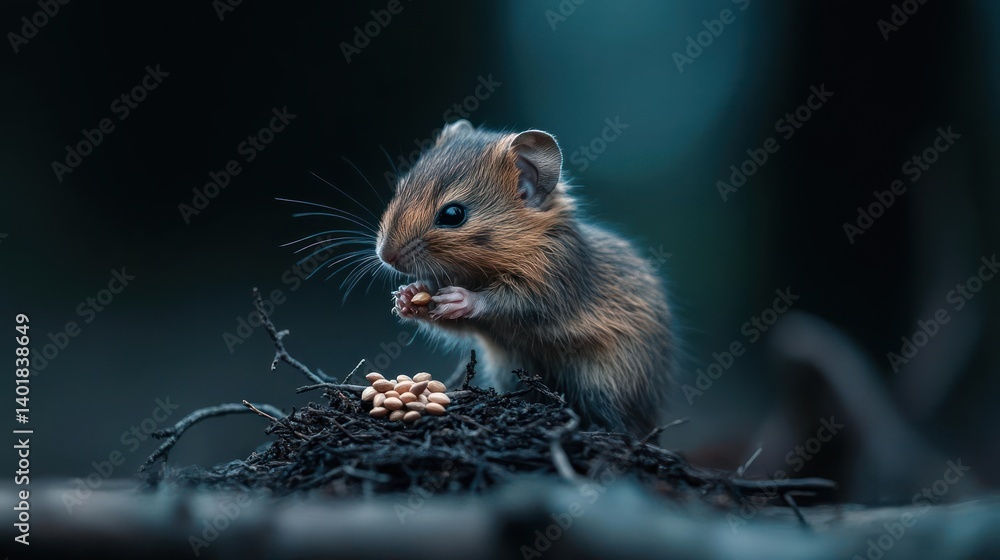 Poster a closeup shot captures a brown mouse nestled amongst dark twigs, illuminated by soft lighting again