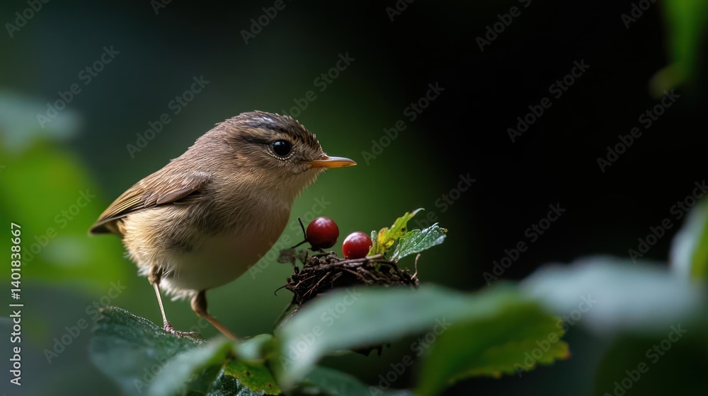 Aufkleber close up of a brown wren perched on green leaves with red berries in a nest. the image features a sh
