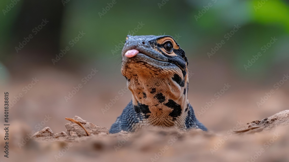 Poster a close-up captures a lizard emerging from sandy soil, sticking out its tongue. its patterned skin, 