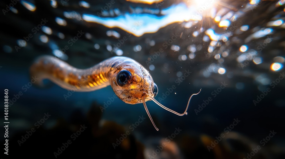 Poster underwater close up of a transparent eel like fish with mottled gold and brown skin swimming near su